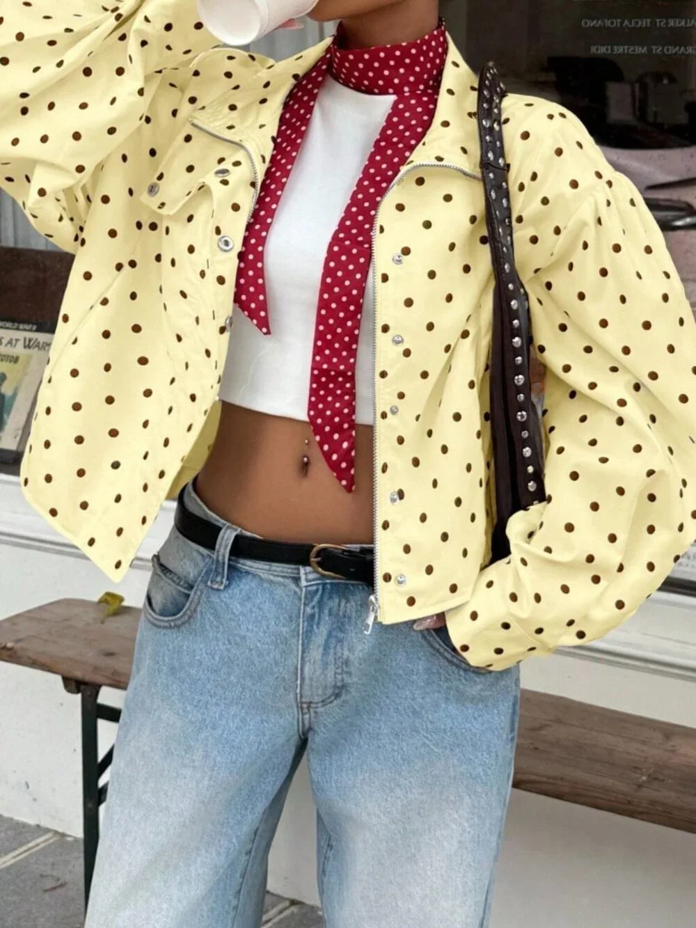 Light Yellow Casual Women's Polka Dot Zip-Up Long Sleeve Windbreaker